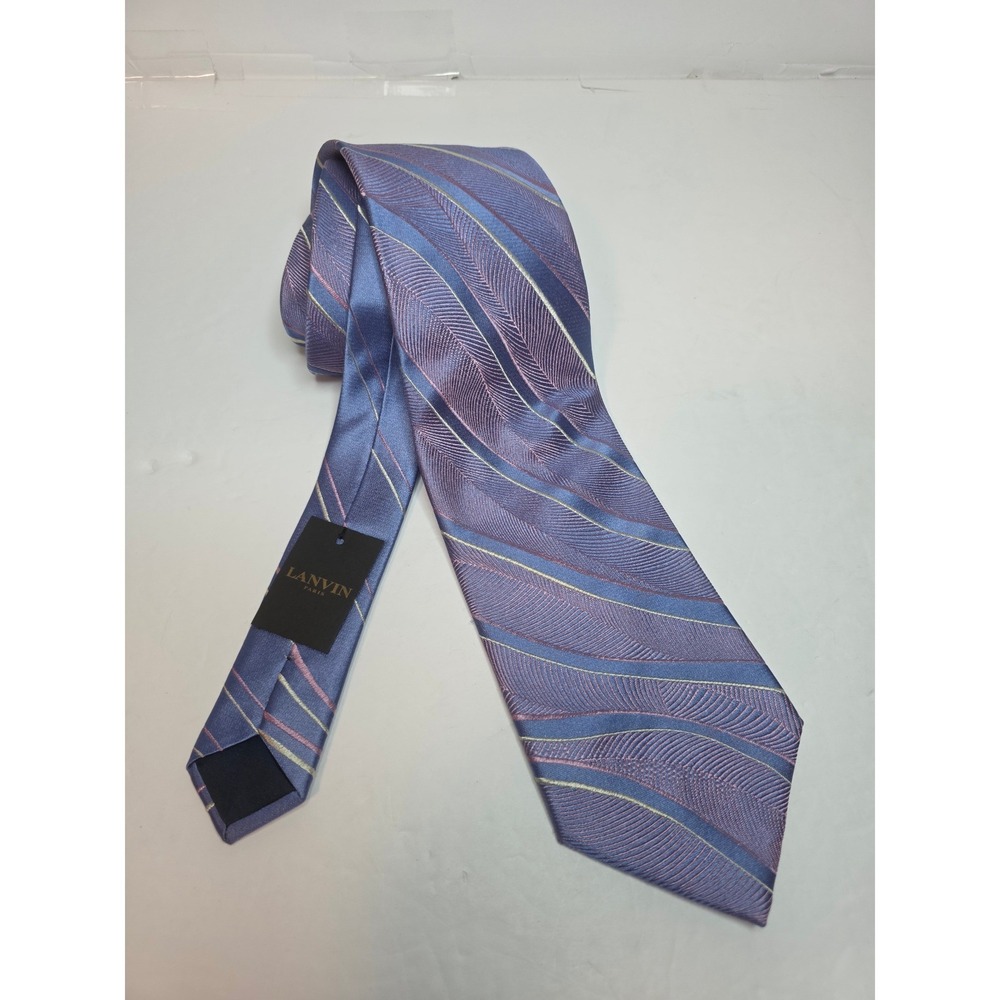 Lanvin Paris Mens Silk Tie Blue Mauve Wavy Stripe Made in France NWT